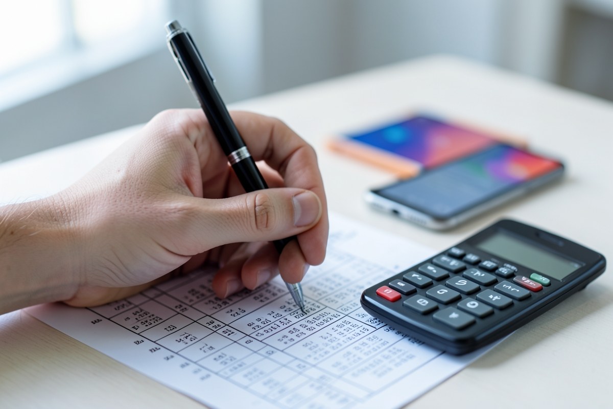 Close-up of a hand adjusting the numbers on a car loan document, with a pen and a small calculator nearby
