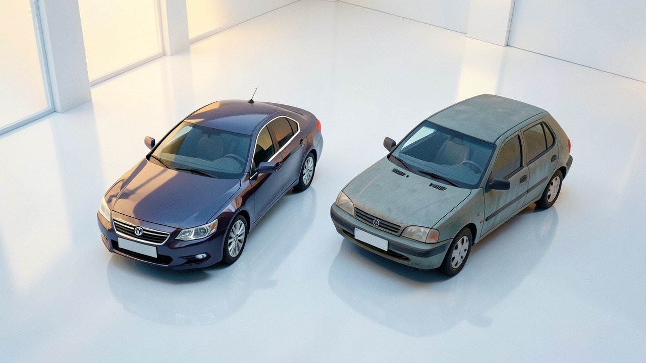 Two different car models side by side in a showroom, one new and one used, with a clear floor and soft lighting