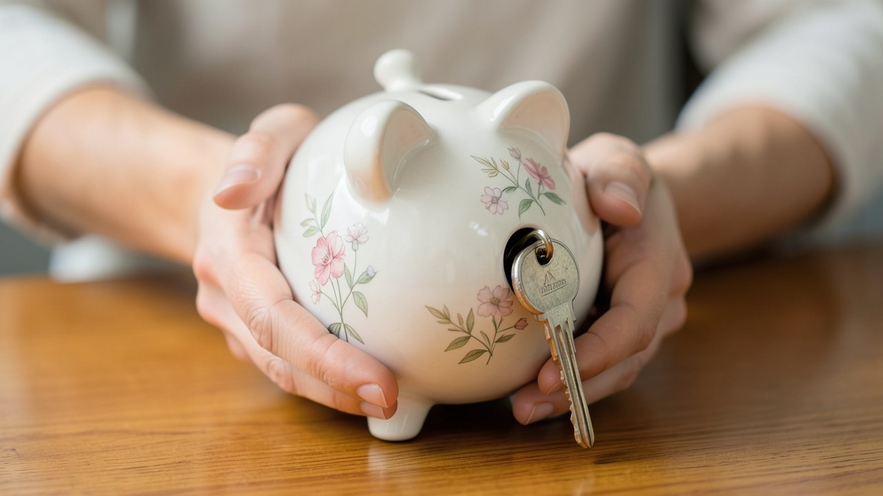 A person holding a large piggy bank with a car key inserted, symbolizing saving for a lower EMI