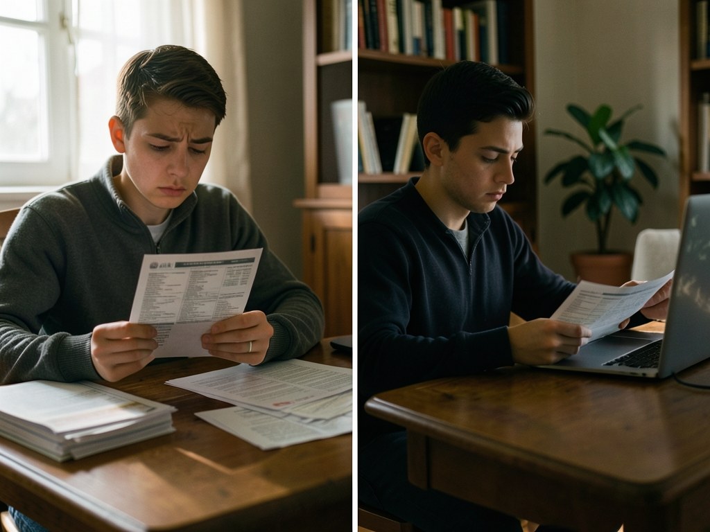 A person looking at a credit score report with a worried expression, sitting at a desk with a laptop