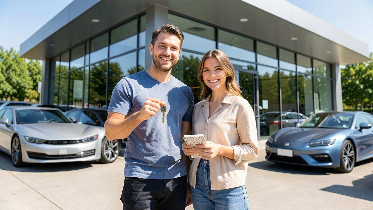 A young couple standing in front of a car dealership, holding a key, looking happy and excited