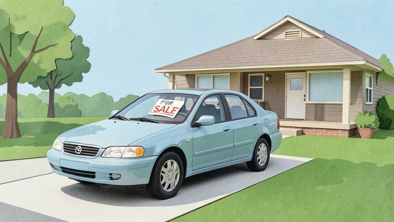 A clean used car parked in front of a cozy suburban house, with a for-sale sign visible in the window