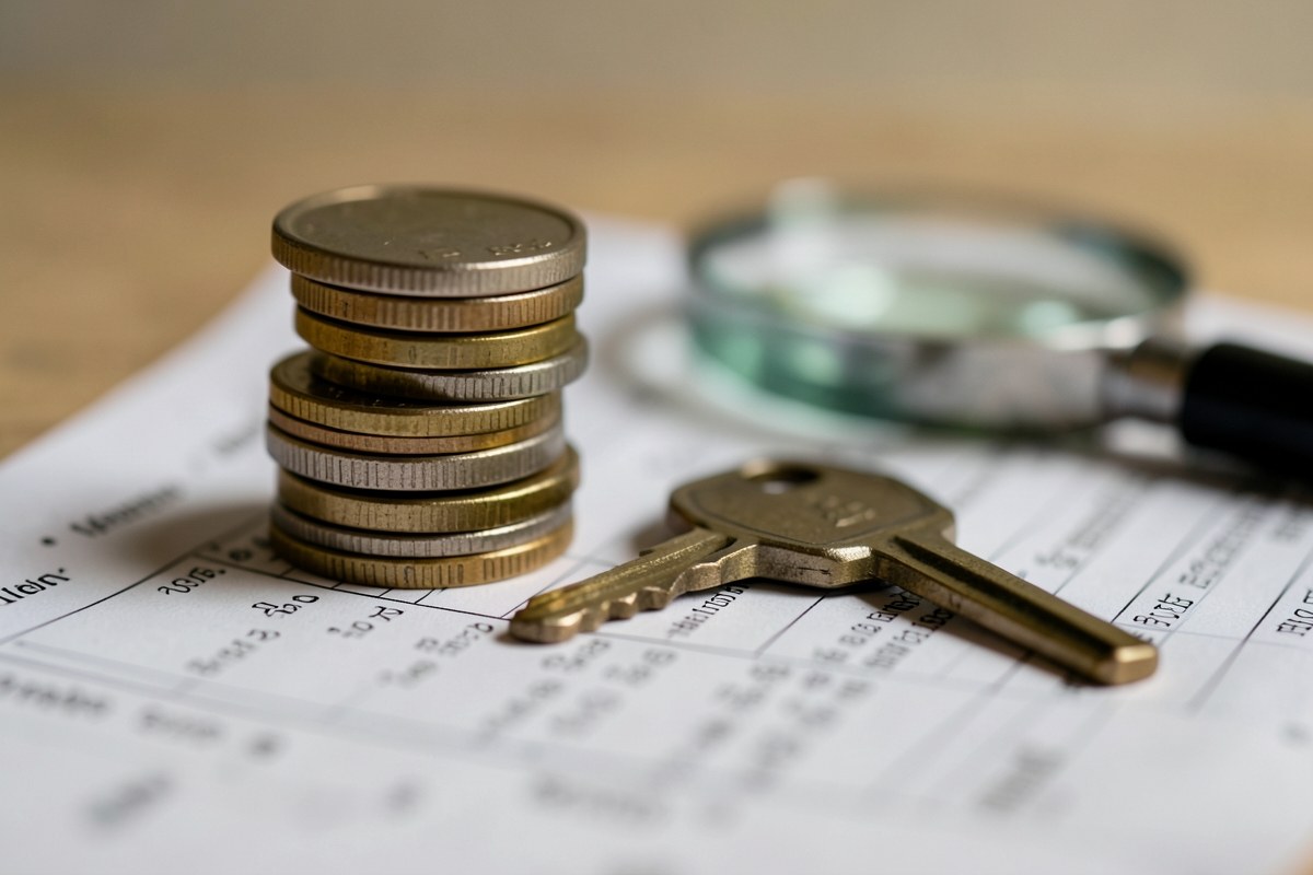 A stack of coins and a car key on a tax form, symbolizing the hidden fees and taxes of a car loan