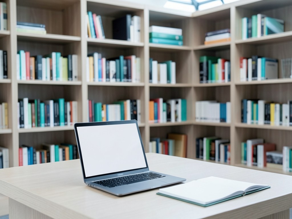 A view of a modern office library with bookshelves and a desk, representing the editorial team's workspace
