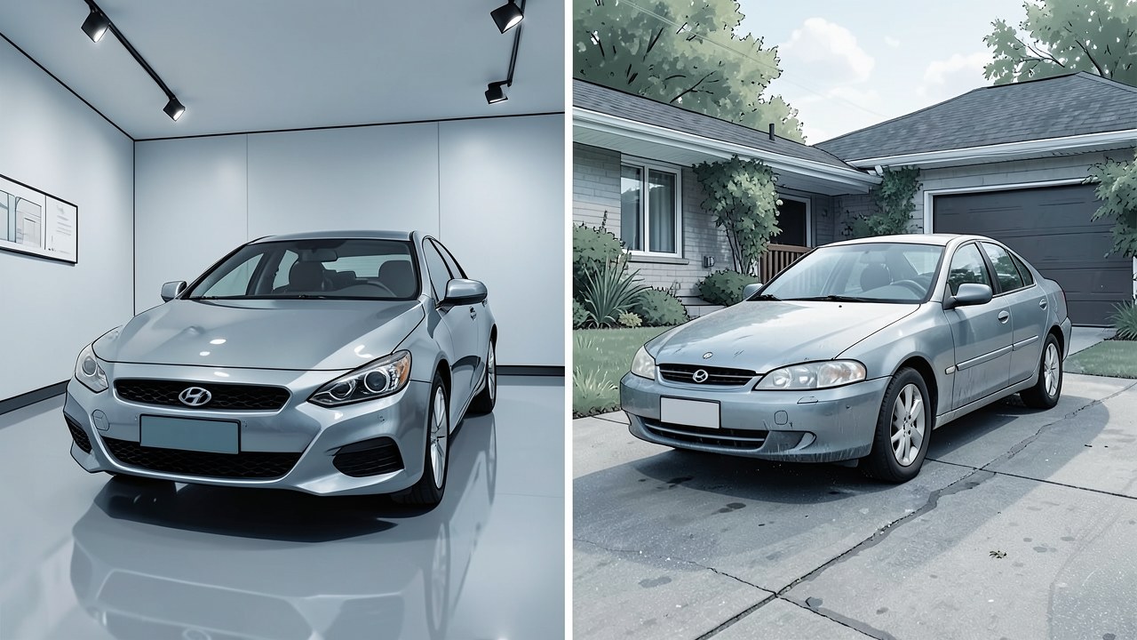 A split image showing a new car on the left and a used car on the right, with a clear comparison of their conditions