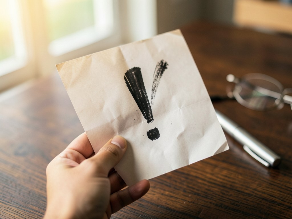A hand holding a document with an exclamation mark, with a pen and glasses nearby