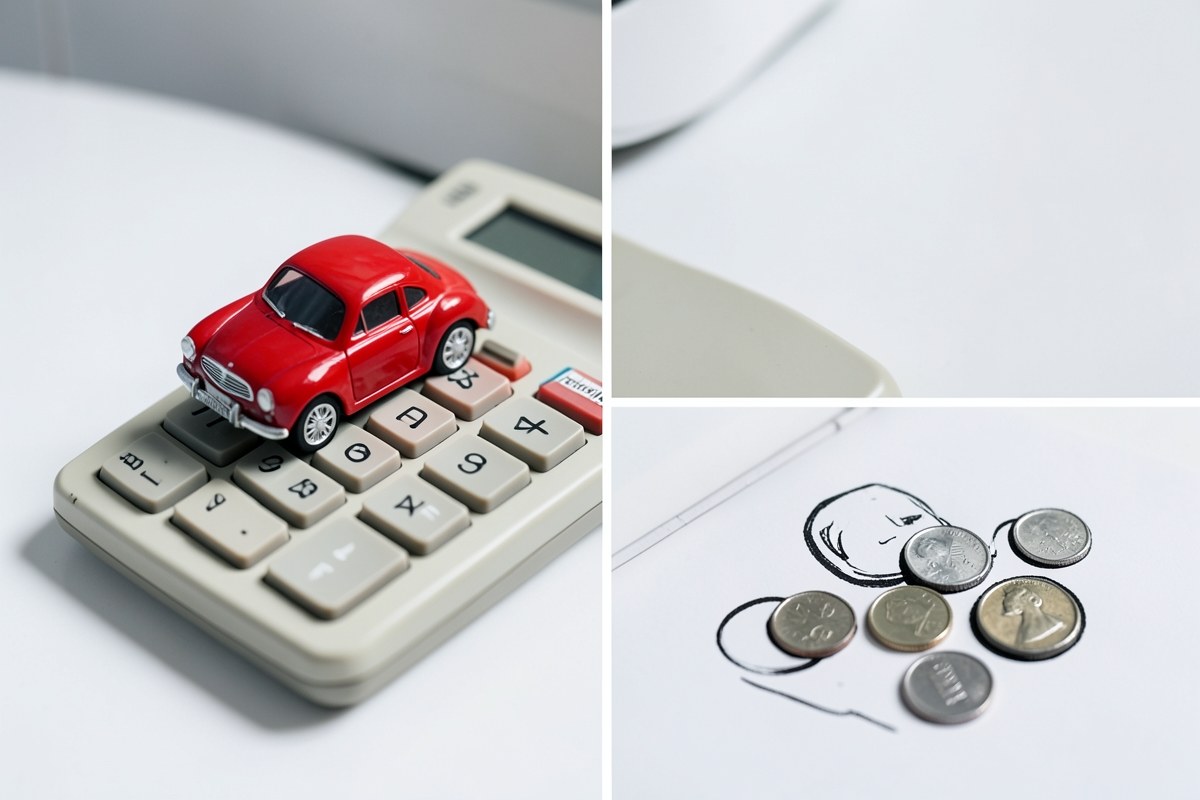 A small toy car on a calculator, representing the comparison of EMI and total payment